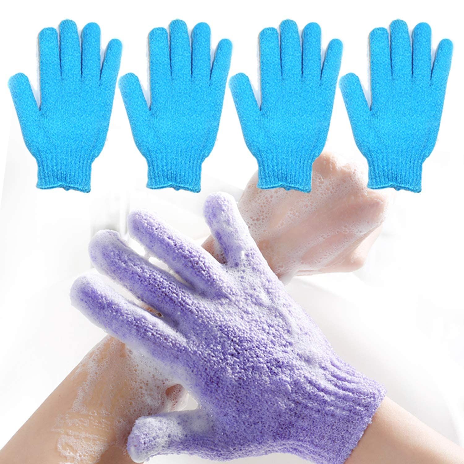 Exfoliating Bath Loofah Gloves Body Scrub Wash Mitts Skin Massage Sponge Towel Deep Cleansing Dead Skin Brush Scrub Luxury Spa Heavy with Face Care Scrubber 2 Pair (Blue)