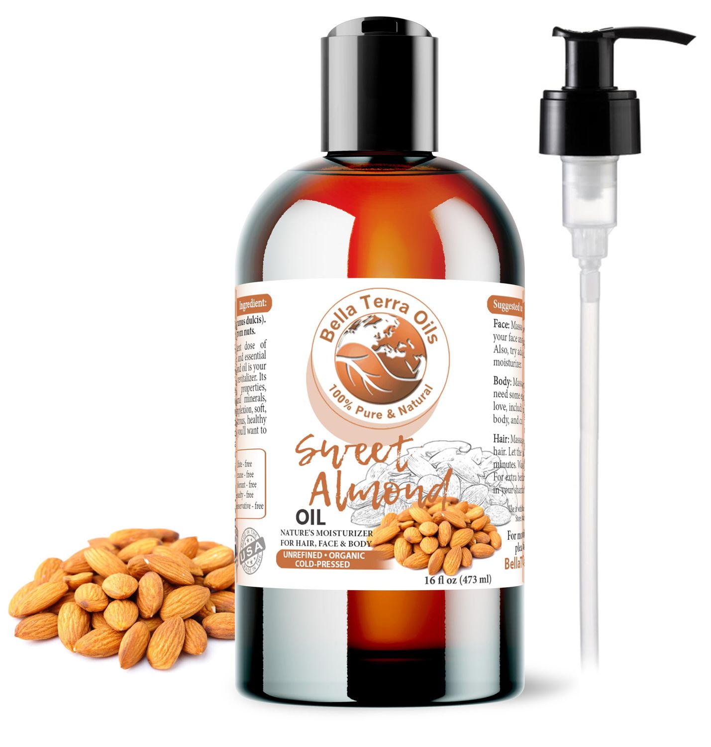 Bella Terra Oils - Organic Sweet Almond Oil 16oz - Purity Meets Luxury with Almonds Vitamin B &amp; Minerals, Cold-Pressed Elixir for Mesmerizing Skin