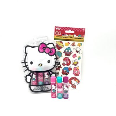 Hello Kitty Moisturizing Lip Balm 3-Pack Bundle with 4 Sheets Stickers, Travel Size Lip Balm for Kids. Flavors: Strawberry, Watermellon and Berry! Comes with a carrying case!
