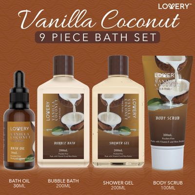 Bath and Body Gift Basket For Women and Men - 9 Piece Set of Vanilla Coconut Home Spa Set, Includes Fragrant Lotions, Extra Large Bath Bombs, Coconut Oil, Luxurious Bath Towel &amp; More