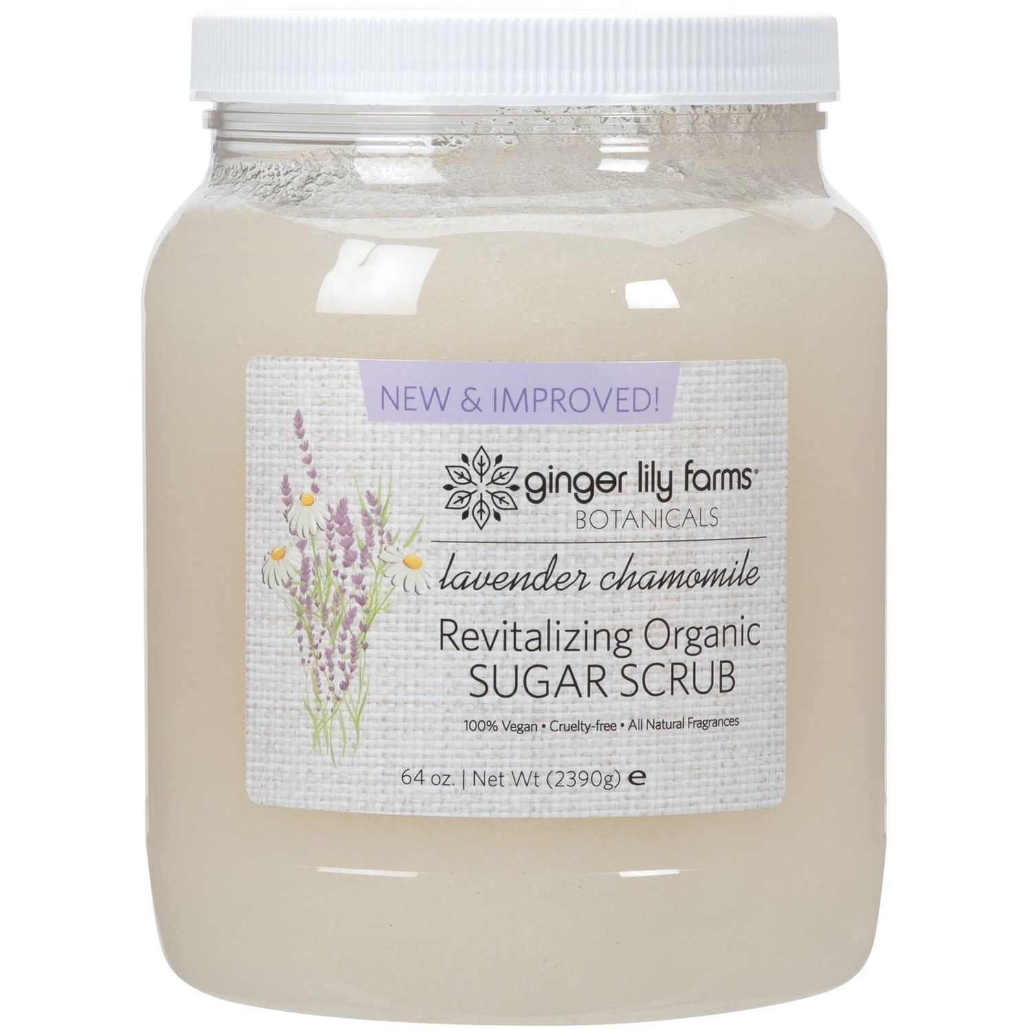 Ginger Lily Farms Botanicals Revitalizing Organic Sugar Scrub, All-Natural Skin Exfoliating Sugar Crystals, 100% Vegan &amp; Cruelty-Free, Lavender Chamomile, 64 oz.