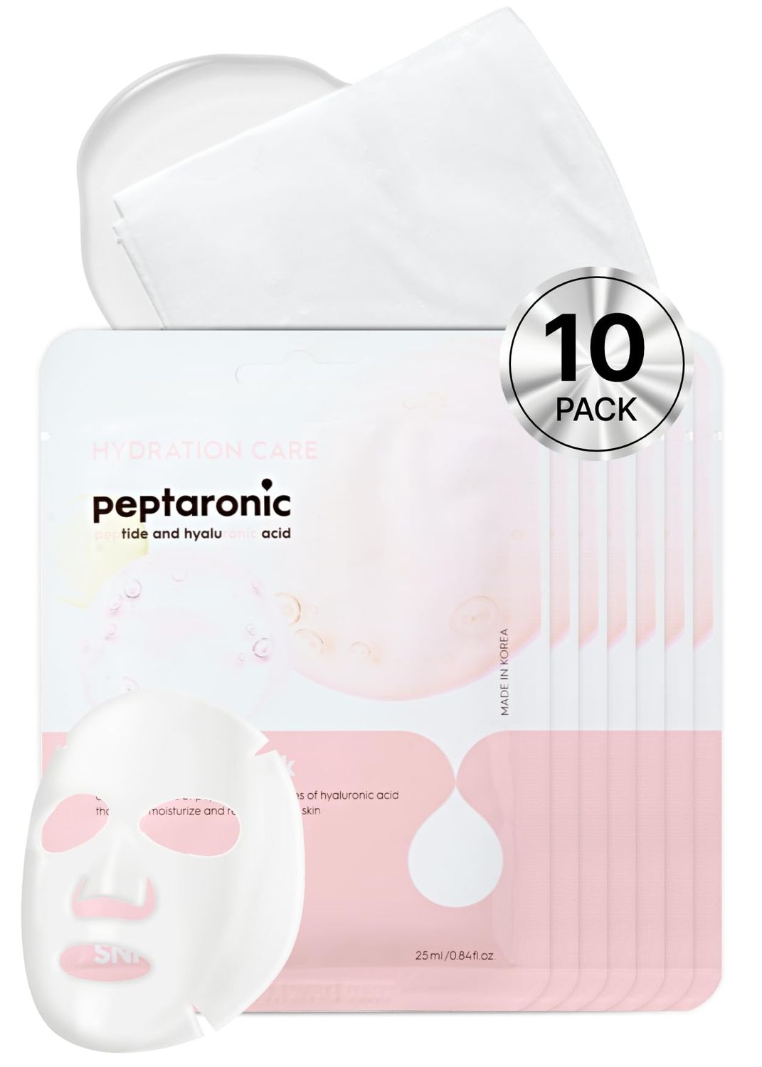 [K Beauty Snp] Peptaronic Ampoule Sheet Mask | Peptide and Hyaluronic Acid Sheet Mask | Hydrating, Moisturizing, and Friming for Dry Skin Types | Korean Skin Care Facial Mask | 10 Sheets