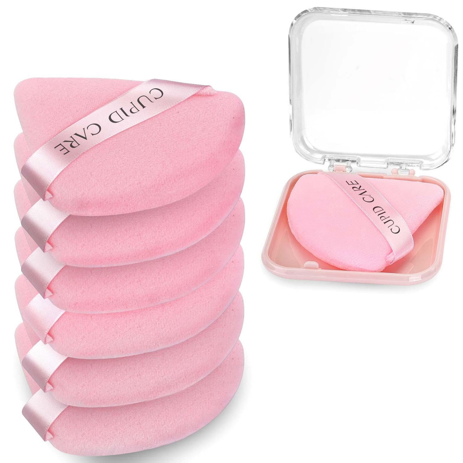 CUPID CARE 6 Pcs Triangle Powder Puff with 2 Travel Cases, Setting Powder Puffs for Face Powder and Foundation, Velour Makeup Puff for Loose Powder Body Powder, Skin-Friendly, Beauty Makeup Tools
