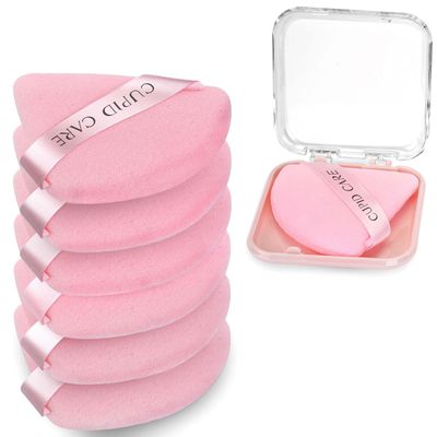 CUPID CARE 6 Pcs Triangle Powder Puff with 2 Travel Cases, Setting Powder Puffs for Face Powder and Foundation, Velour Makeup Puff for Loose Powder Body Powder, Skin-Friendly, Beauty Makeup Tools