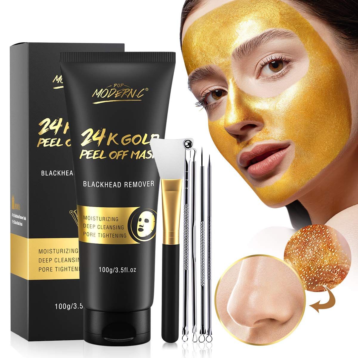 Blackhead Remover Mask, 24K Gold Peel Off Mask, Gold Facial Mask Anti-Aging, Deep Cleansing, Reduces Fine Lines Wrinkles Great for All Skin, With Blackhead Remover Extractor Tools Kit &amp; Mask Brush