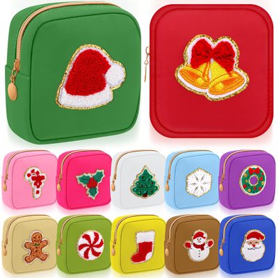 Abbylike 12 Pieces Christmas Preppy Patch Cute Cosmetic Bags Skincare Toiletry Bags Mini Chenille Nylon Bag Xmas Small Zipper Makeup Bag Coin Purse Preppy Things for Travel Women Girls Gift