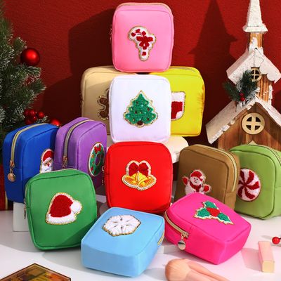 Abbylike 12 Pieces Christmas Preppy Patch Cute Cosmetic Bags Skincare Toiletry Bags Mini Chenille Nylon Bag Xmas Small Zipper Makeup Bag Coin Purse Preppy Things for Travel Women Girls Gift
