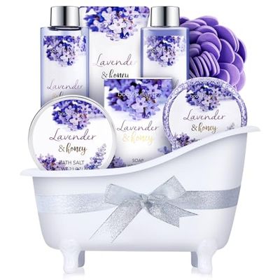 Bath and Body Gift Set - Lavender Gifts for Women, Body &amp; Earth Bath &amp; Shower Sets, 8 Pcs Lavender Honey Gift Sets with Bubble Bath, Lotion Set, Soap, Spa Kit for Women, Christmas Gifts for Mom