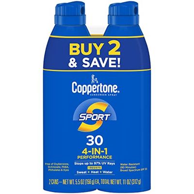 Coppertone Sport Sunscreen Spray SPF 30, Water Resistant Spray Sunscreen, Broad Spectrum SPF 30 Sunscreen, Bulk Sunscreen Pack, 5.5 Oz Bottle, Pack of 2