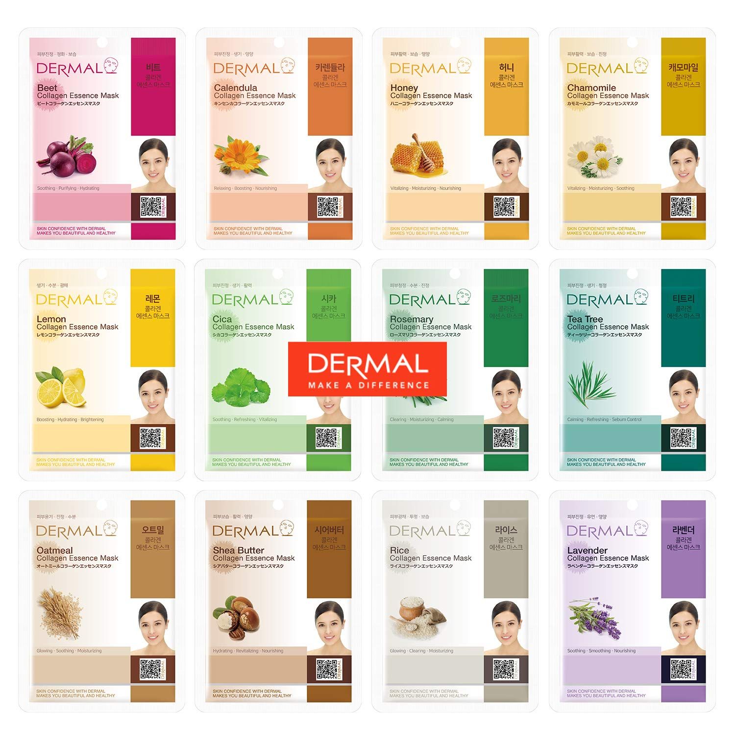 DERMAL 12 Combo Pack Collagen Essence Korean Face Mask, Hydrating &amp; Soothing, Unisex Skin Treatment Mask