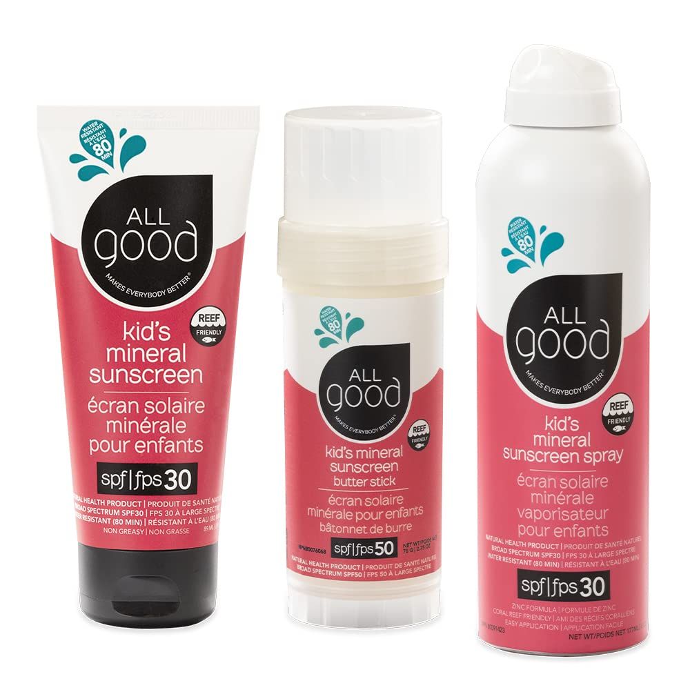 All Good Baby &amp; Kids Mineral Face &amp; Body Sunscreen - UVA/UVB Broad Spectrum, Coral Reef Friendly, Water Resistant, Zinc Oxide - SPF 50 Butter Stick, SPF 30 Lotion &amp; Spray