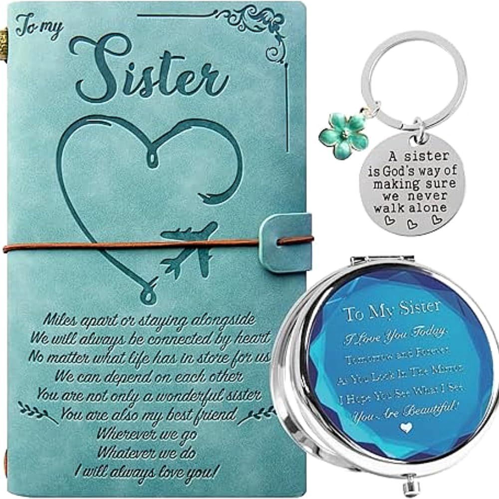 BoomBoomGifts Sister Birthday Gifts, for Sister,Birthday Gifts for Sister,Sister Gifts,Sister Journal from Sister,Sister Leather Journal,Sister Keychain Gift,Sister Compact Mirror