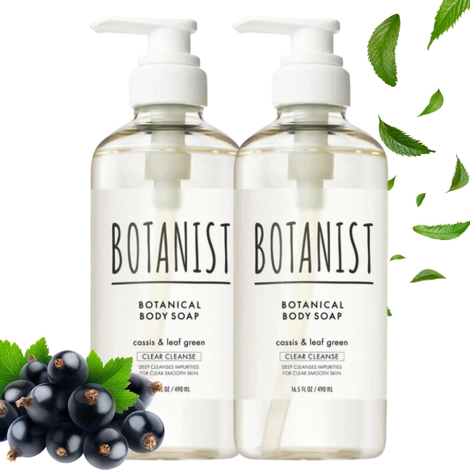 Botanist 2pk Moisturizing Body Wash/Soap Pump, Botanical Shower Gel for Sensitive Dry Skin, Natural &amp; Organic Japanese Skin Care, Cassis Leaf &amp; Leaf Green, Clear Cleanse, 16.5 Fl Oz/ 490mL