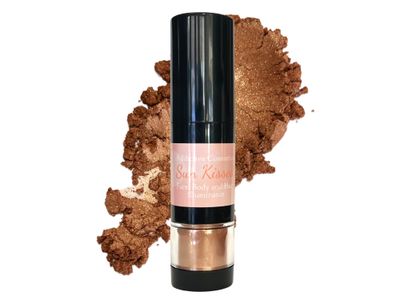 Addictive Cosmetics SUN KISSED Oil Free Mineral Shimmer Powder for Face, Body and Hair- Twist Up Brush- Highlighter- Illuminator and Bronzer- Brush on Shimmer Powder- Vegan, Cruelty Free
