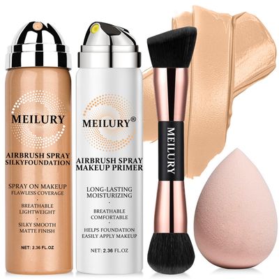 AirBrush Foundation Spray Set, Spray Foundation Makeup and Hydrating Face Air Primer Kit, Longwear Waterproof Liquid Matte Foundation Mist for Flawless Look (02 Beige)