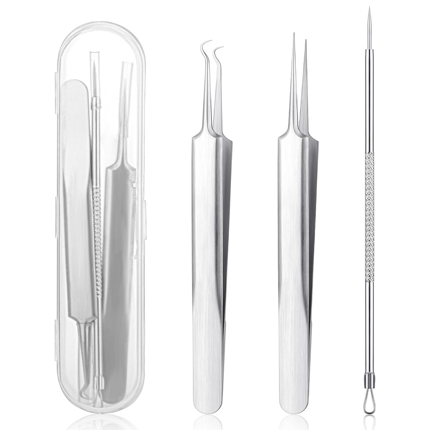 (3 Piece Kit) Blackhead Tweezers, Stainless Pimple Popper Tool Blackhead Extractor Tool Professional Cell Clips Tweezers for Acne Whitehead Comedone - with Case