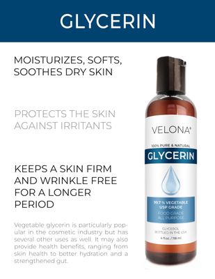 Glycerin Vegetable USP Grade by Velona - 4 fl oz | 100% Pure and Natural Carrier Oil | Hair and Face Moisturizer for Dry Skin, Bubble Bath, Glycerin Soap, Soap Base | Use Today - Enjoy Results
