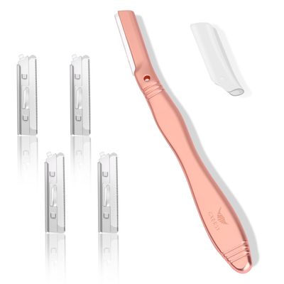 GXBRSY Dermaplane Razor Kit - Reusable Handle + 5 Refill Blades - Dermaplaning Tool, Facial Hair Removal, Eyebrow Shaping, and Skin Exfoliating for Women (Rose Gold)