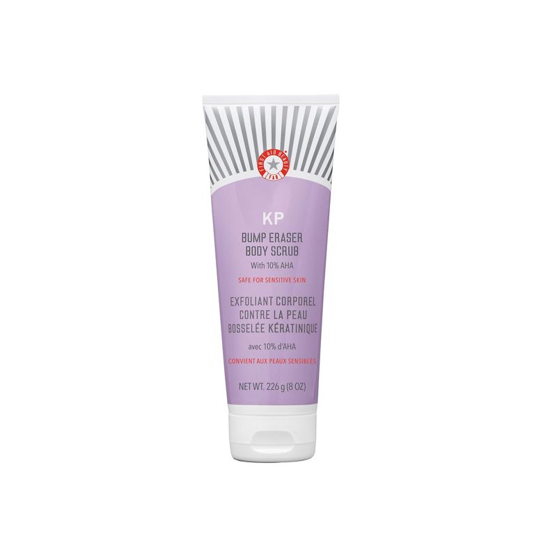 First Aid Beauty - KP Bump Eraser Body Scrub with 10% AHA, Keratosis Pilaris Skin Exfoliater with Glycolic and Lactic acids, Helps Reduce Chicken Skin Bumps, Safe for Sensitive Skin, 8 oz