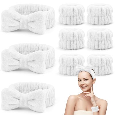 BINSUNS 9 Pieces Headbands and Wristband Set, Face Wash Headband Bow Elastic Wrist Washband - Fuzzy Spa Skin Care Hair Head band for Women&#39;s Hair Makeup Washing Face Shower(White)