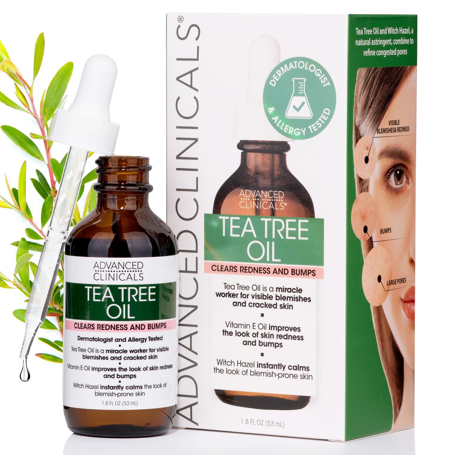 Advanced Clinicals Tea Tree Oil For Skin | Acne Patch Vegan Facial Serum | Targets Redness, Bumps, Acne Scars | Vegan 100% Organic Pure Tea Tree Oil For Face W/Vitamin E &amp; Witch Hazel, 1.8 Fl Oz