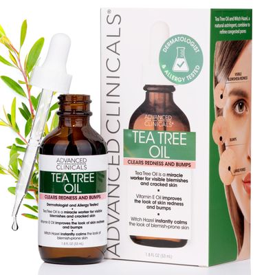 Advanced Clinicals Tea Tree Oil For Skin | Acne Patch Vegan Facial Serum | Targets Redness, Bumps, Acne Scars | Vegan 100% Organic Pure Tea Tree Oil For Face W/Vitamin E &amp; Witch Hazel, 1.8 Fl Oz