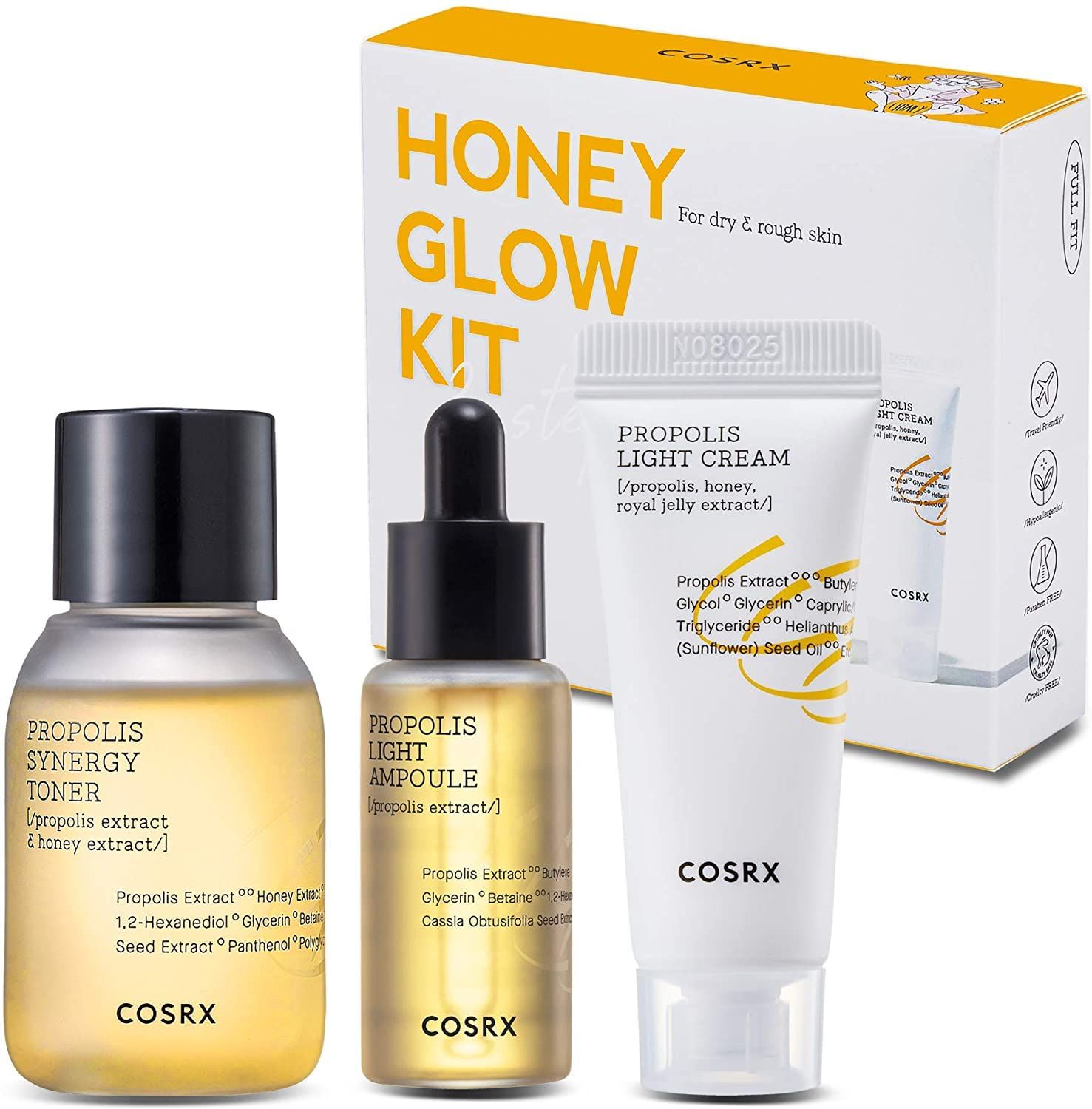 COSRX Honey Glow Kit, Korean Skin Care Set with Propolis Facial Toner, Serum, &amp; Cream, Mini Travel Essentials, Deep Moisture, Hydration, Nourishment, Travel Size Gift Set, Korean Skin Care
