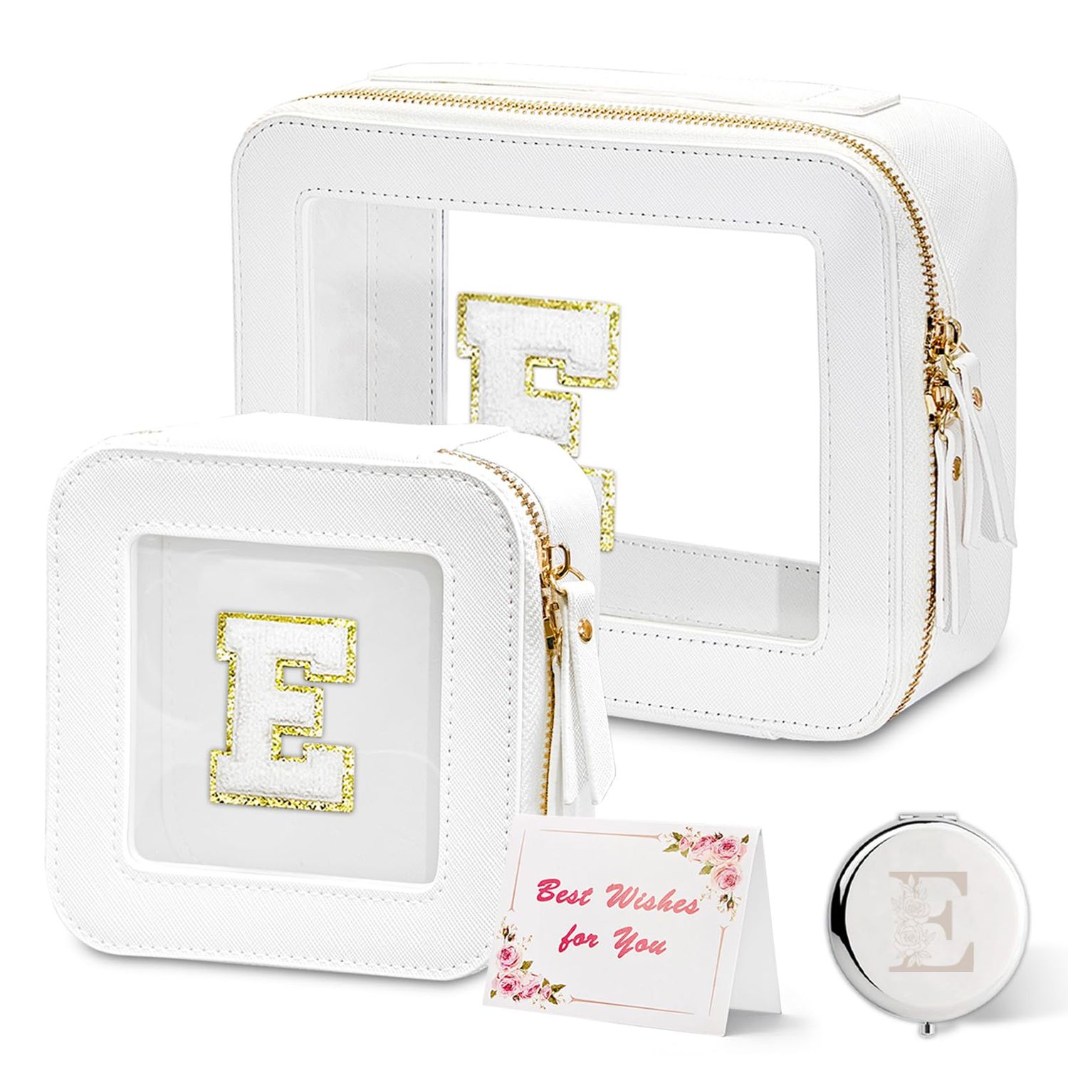 Amgkonp Initial Clear Makeup Bag,Personalized Teenager Girl Cute Cosmetic Bag with Zipper,Letter Waterproof Travel Toiletry Case Set,Best Gifts for Women Friend Teacher Sister-E