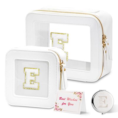 Amgkonp Initial Clear Makeup Bag,Personalized Teenager Girl Cute Cosmetic Bag with Zipper,Letter Waterproof Travel Toiletry Case Set,Best Gifts for Women Friend Teacher Sister-E