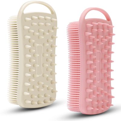 2 PC Silicone Exfoliating Body Scrubber, 2 in 1 Silicone Body Shampoo Brush, Soft Silicone Loofah for Sensitive Skin, Shower Silicone Hair Scalp Massager, Easy to Clean, Lather Well (Pink&amp;Gray)