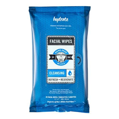 Game Face Grooming Cleansing Wipes - 25 Hydrating Facial Wipes (3 Pack) | On-The-Go, Lightly Scented, Rejuvenating, Eradicates Sweat | Perfect for Athletic, Sport, Travel, Camping, Festivals, Any Need