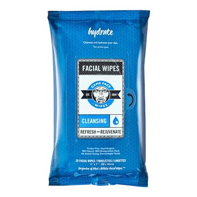 Game Face Grooming Cleansing Wipes - 25 Hydrating Facial Wipes (3 Pack) | On-The-Go, Lightly Scented, Rejuvenating, Eradicates Sweat | Perfect for Athletic, Sport, Travel, Camping, Festivals, Any Need