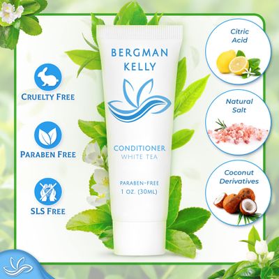 BERGMAN KELLY Hotel Toiletries Bundle (White Tea, 1 oz each, 200 Pieces) 4-Piece Set: 50 Rectangular Bar Soap, 50 Shampoo, 50 Conditioner & 50 Body Lotion - Bulk Mini Guest Amenities