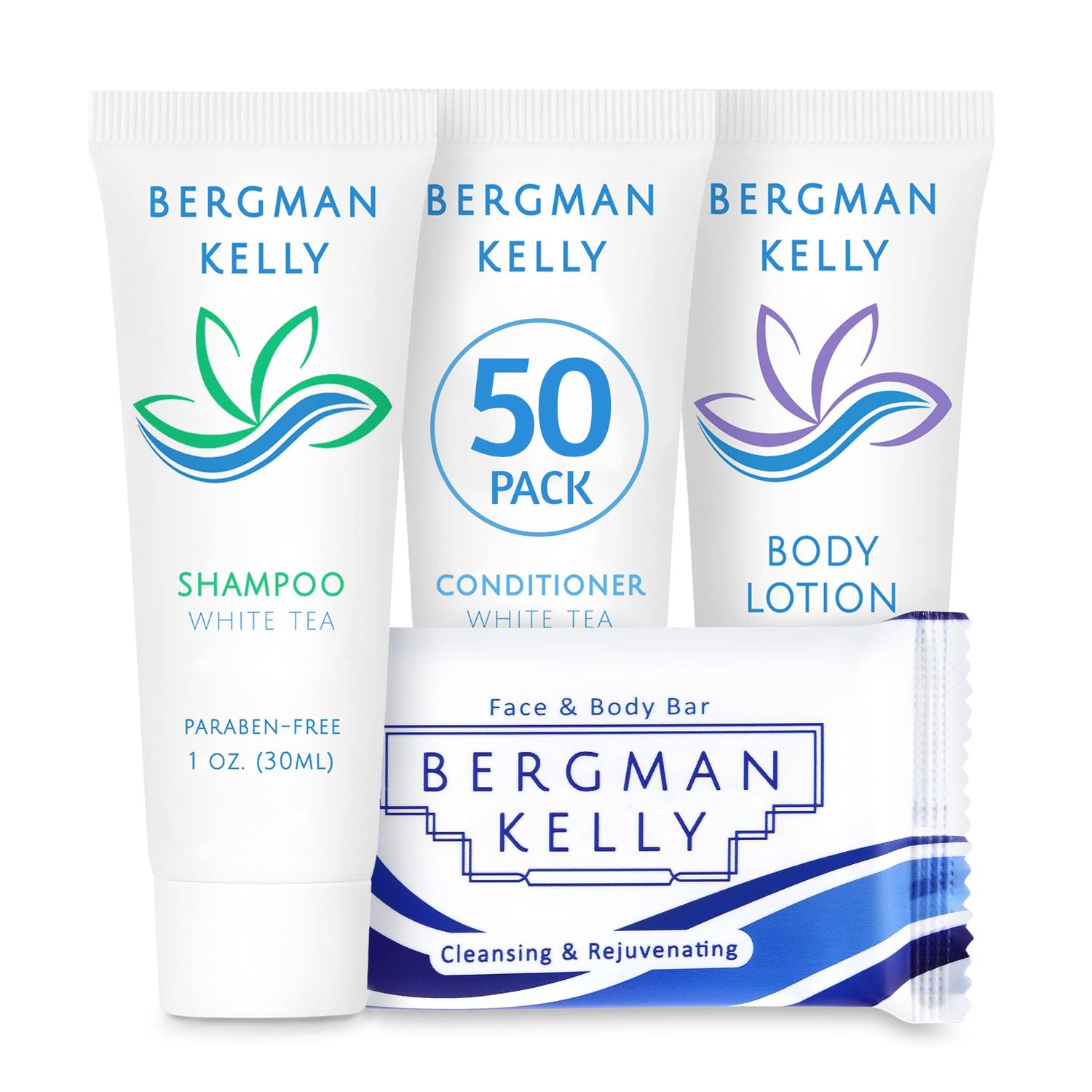 BERGMAN KELLY Hotel Toiletries Bundle (White Tea, 1 oz each, 200 Pieces) 4-Piece Set: 50 Rectangular Bar Soap, 50 Shampoo, 50 Conditioner &amp; 50 Body Lotion - Bulk Mini Guest Amenities
