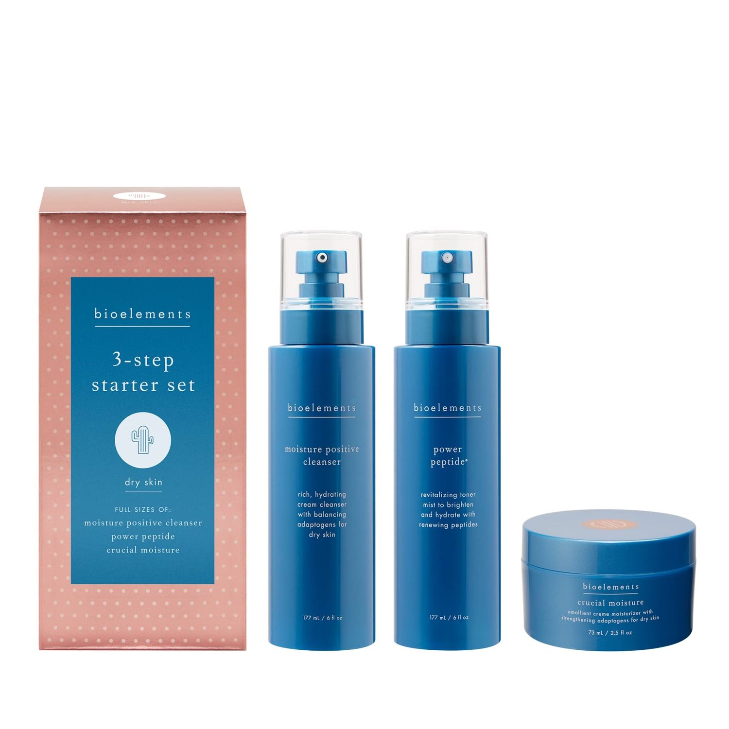 Bioelements 3-Step Starter Set: Dry Skin - Includes Moisture Positive Cleanser, Power Peptide Toner &amp; Crucial Moisture Moisturizer - Vegan, Gluten Free - Never Tested on Animals