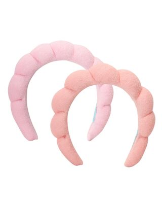 Bliss Women&#39;s Spa Headband - 2 Pack Microfiber Makeup Bubble Headband - Puffy Hair Band for Washing Face, Facials, Skincare, Shower, Pink/Orange