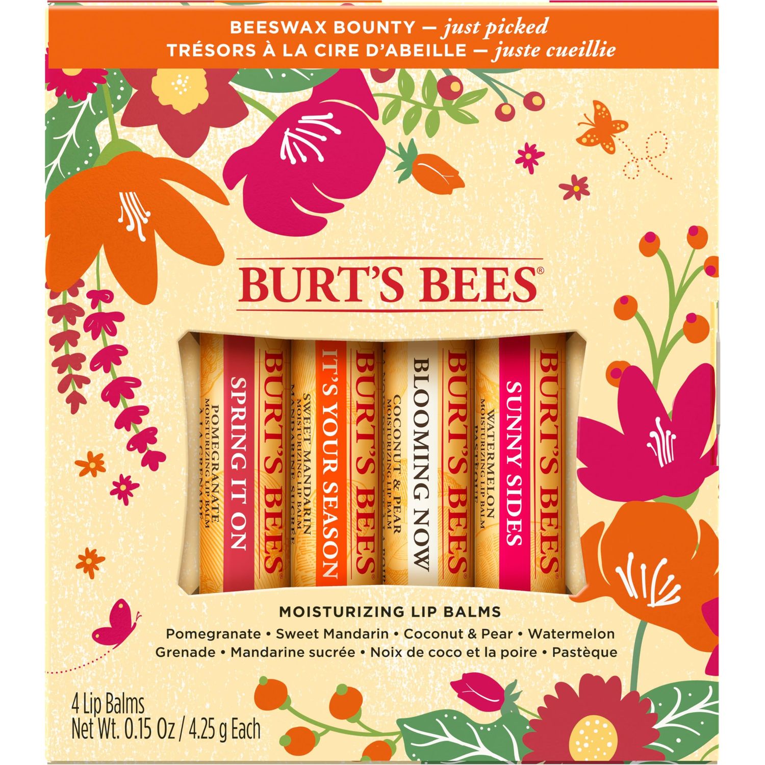 Burt&#39;s Bees Gifts, 4 Lip Balm Products, Just Picked Set - Pomegranate, Sweet Mandarin, Coconut Pear &amp; Watermelon (4 Pack)