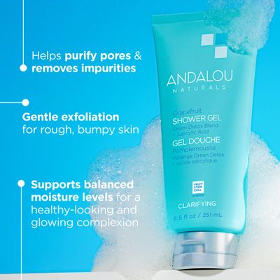 Andalou Naturals Body Wash, Clarifying Grapefruit Shower Gel, Gentle Exfoliating Salicylic Acid Body Wash with Tea Tree &amp; Witch Hazel, Targets Back Acne, Blemishes &amp; Excess Oil, 8.5 fl oz