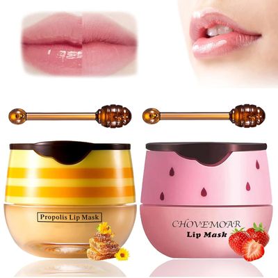 2 Pack Bee Lip Balm Honey Pot, Honey &amp; Strawberry Lip Mask Propolis Lip Mask, Hydrating &amp; Prevention Dry and Cracked Lip Scrubs Exfoliator Lip Sleeping Mask Reduces Lip Lines