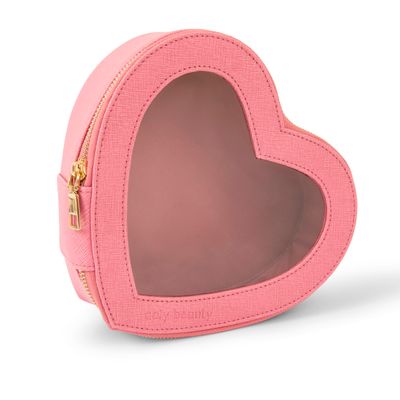 Aaly Beauty Heart Makeup Bag - Pink Heart Cosmetic Bag with Clear Cover - Gift Ideas for Women, Mom, Girlfriends, Her - Large Capacity for Full Size Makeup, Skincare and Brushes