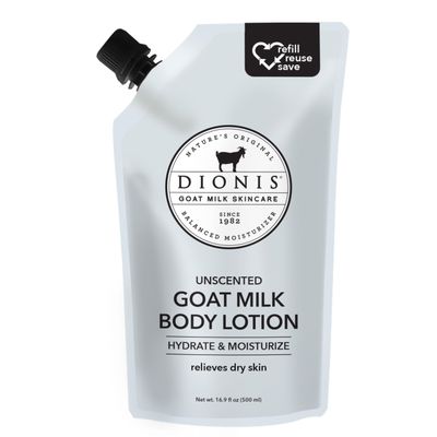 Dionis Goat Milk Skincare Body Lotion 16.9oz Refill Pouch, Cruelty Free Clean Ingredients &amp; Dermatologist Tested Lotion for Dry Skin, Hydrating &amp; Deeply Moisturizing Rich in Vitamins, Unscented