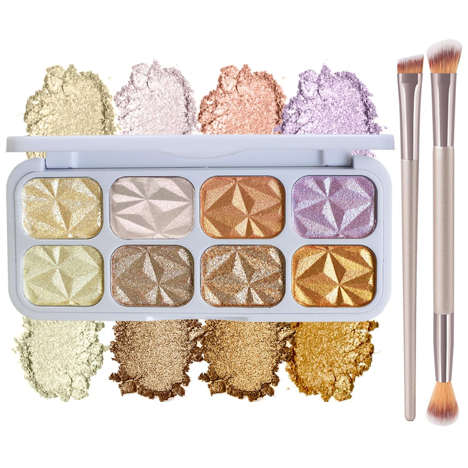 Face Highlighter Palette with Mirror, 8 Colors Glitter Eyeshadow Palette, Diamond Shimmer Glow Contour Palette for Face Highlighters &amp; Luminizers, Long Lasting, Makeup Brush Include