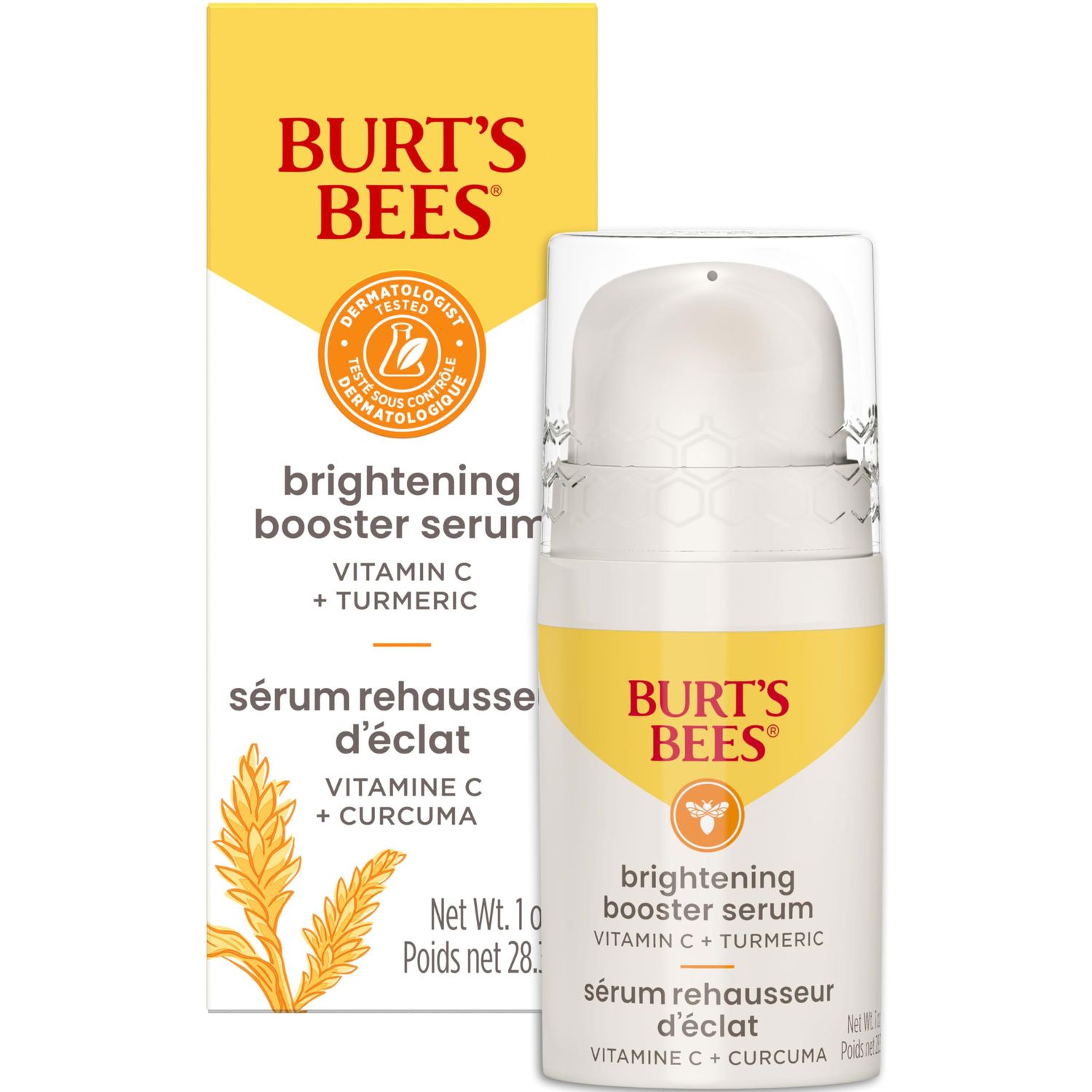 Burt&#39;s Bees Vitamin C Turmeric Face Serum, Brightens Skin &amp; Visibly Reduces Dark Spots, Fine Lines &amp; Wrinkles, Naturally Hydrating, Lightweight - Brightening Booster (1 oz)