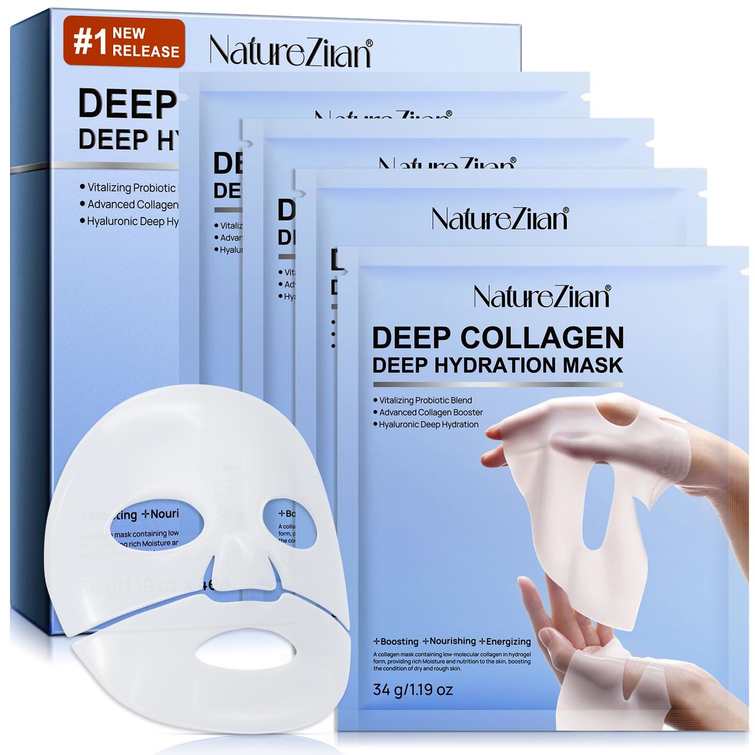 GOGIFTGO Collagen Face Mask,Collagen Real Deep Mask,Collagen Mask,Deep Hydrating Anti Wrinkle Lifting Mask,Hydrogel Masks for All Skin Types 34g*4ea (4ea)