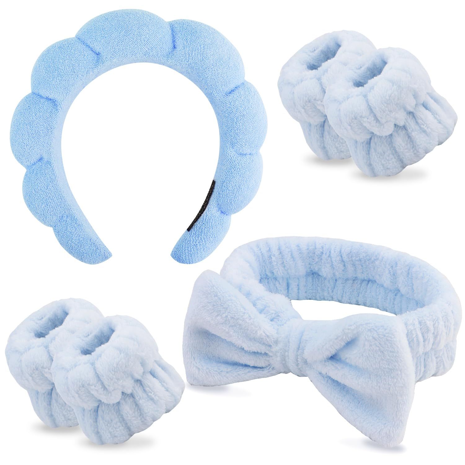 Chanaco Hairband, Soft &amp; Comfortable Microfiber Facial Headband for Washing Face, Skincare Headband with Bow, Spa Headbands for Women, Teen Girl Gifts, Set of 2 Headbands and 4 Wristbands