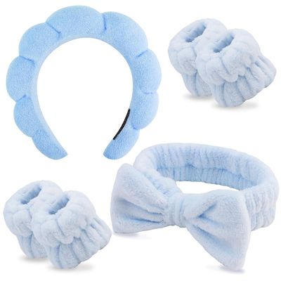 Chanaco Hairband, Soft &amp; Comfortable Microfiber Facial Headband for Washing Face, Skincare Headband with Bow, Spa Headbands for Women, Teen Girl Gifts, Set of 2 Headbands and 4 Wristbands