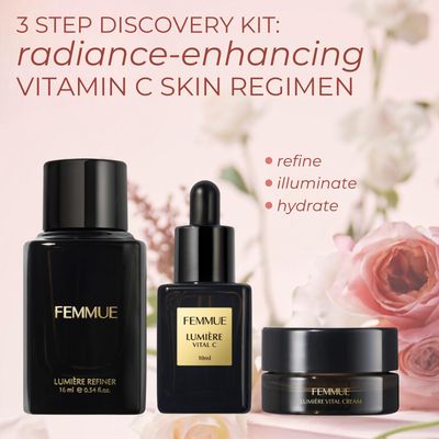 FEMMUE Lumire Discovery Kit (3pc) | With Vital C Serum, Refiner Face Toner, & Vital Cream Moisturizer | Hydrate & Plump Skin with Vitamin C, Niacinamide, & Phyto-collagen | Korean Skin Care