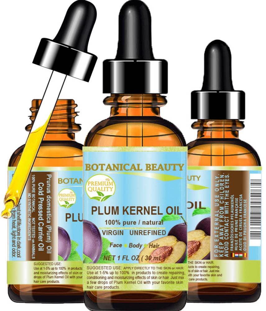 Botanical Beauty French PLUM KERNEL OIL 100% Pure Natural Virgin Unrefined Cold Pressed Carrier Oil 1 oz- 30 ml for Face, Skin, Hair, Lips, Nails. Skin SuperFood. Face moisturizer Oil