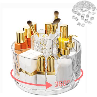 Fodayuse Rotating Makeup Organizer with Tens of Fake Ice cube, 360Spinning Cosmetic Display Case for Brushes, Skin Care &amp; Lipsticks, Make Up Organizers for Counter &amp; Vanity (Water Ripple)