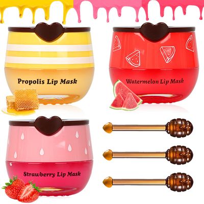 3 PCS Bee Lip Balm Lip Mask Honey Pot,Strawberry &amp;Watermelon &amp;Bee Propolis Moisturizing Lip Balm Overnight Prevention Dry and Cracked Lip Scrubs Exfoliator Lip Wrinkle Care Lip Care Gifts for Women